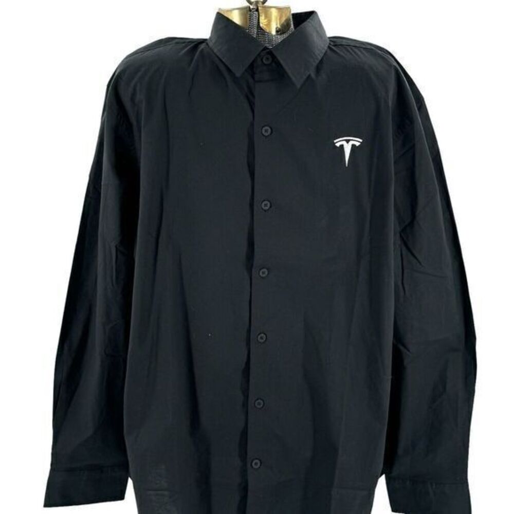 Tesla Motors Shirt Long Sleeve Button Front Embroidered Logo Men Sz XL Black‎